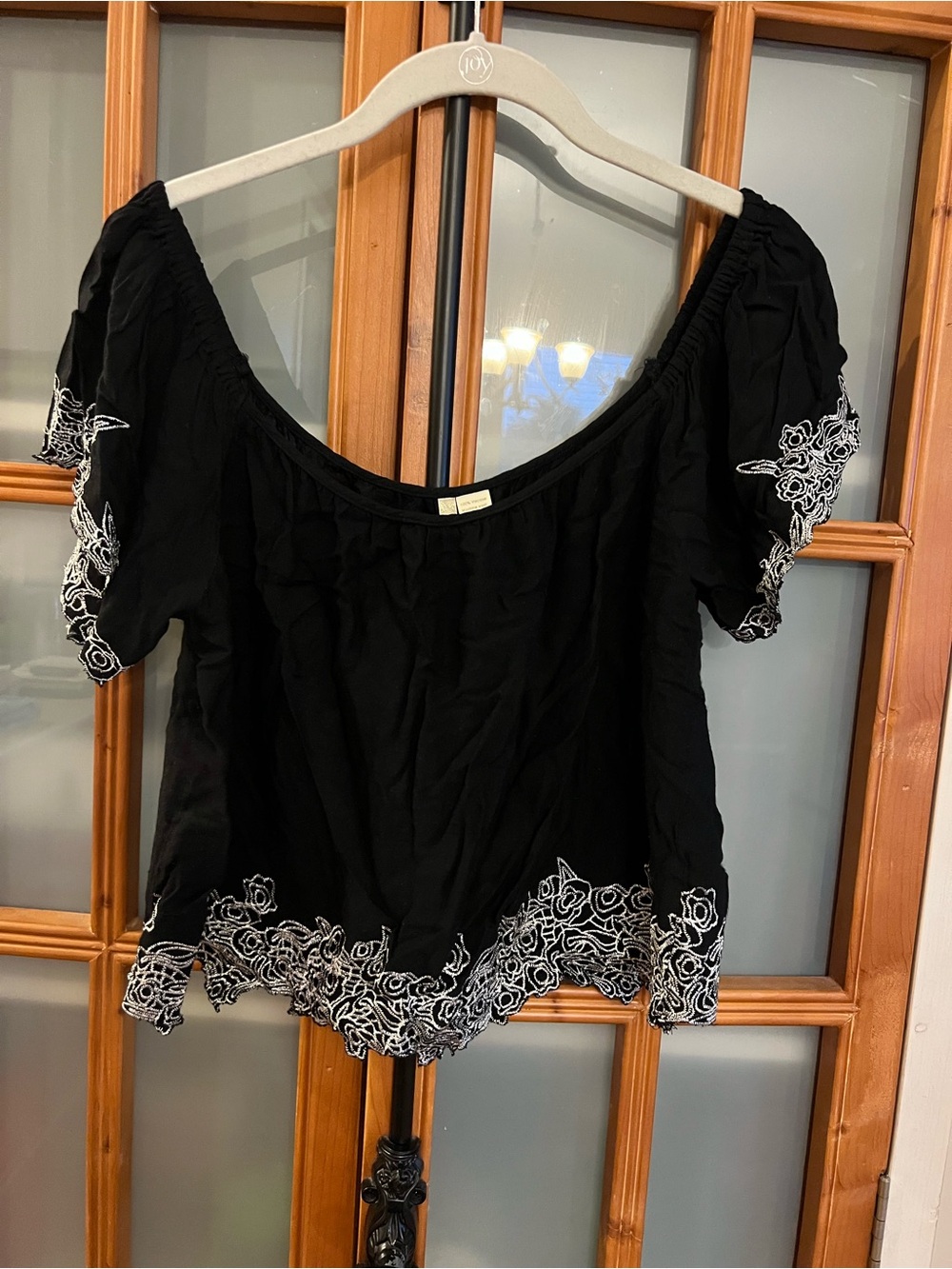 Japna Black Off-Shoulder Blouse with White Floral Embroidery
